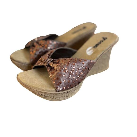 Y2K VTG. BROWN SEQUIN PLATFORM WEDGE HEELS SANDALS GROOVE SZ.‎ 8 - Picture 7 of 8